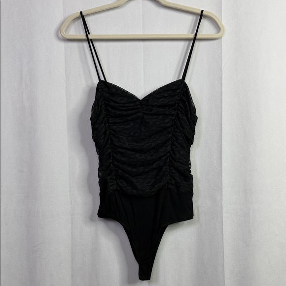 Forever 21 Tops - Forever 21 Animal Print Lace Rushed Black One Piece Snap Closure Bodysuit